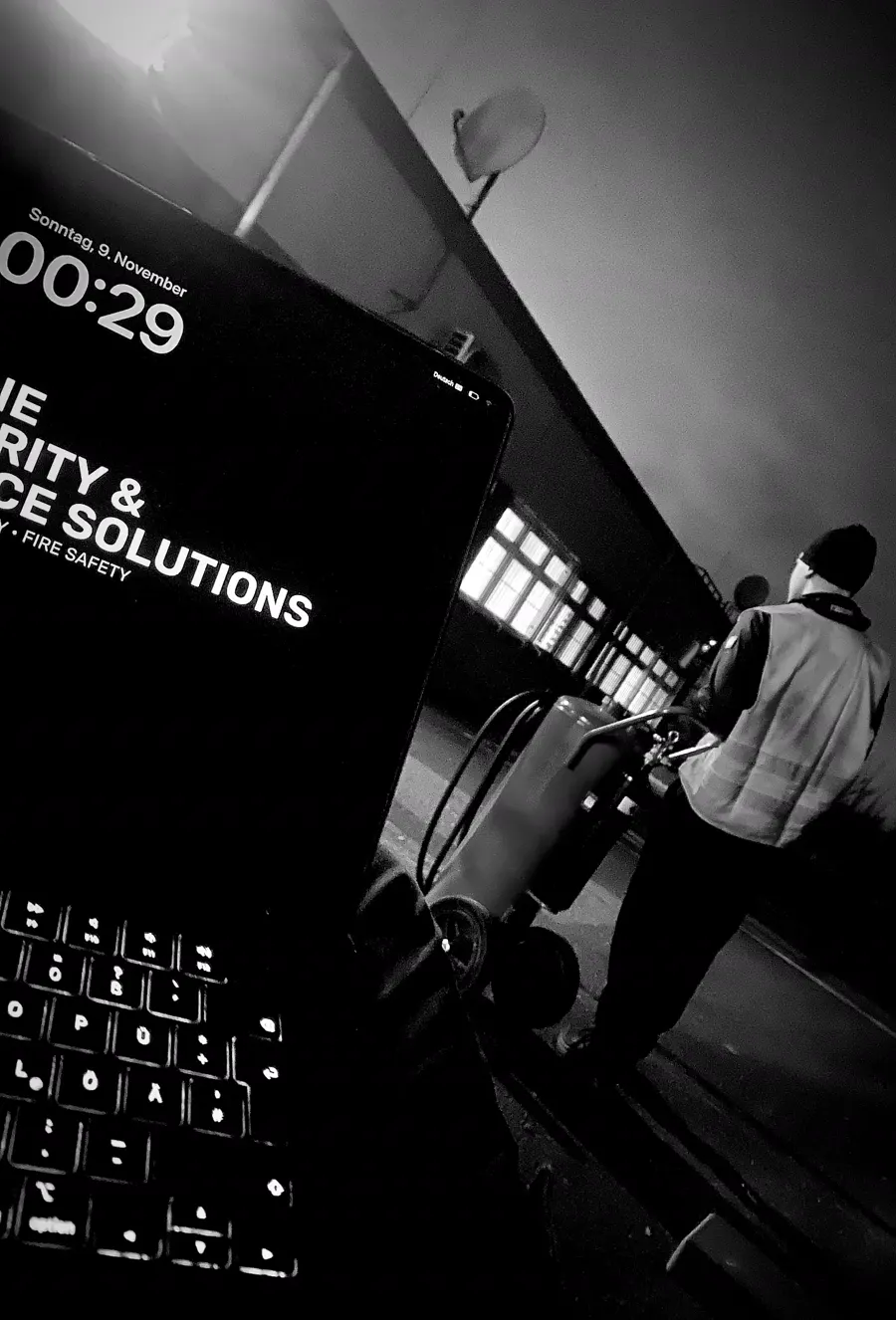 Brandsicherheitswache bei Nacht: Laptop mit KSS-Logo im Vordergrund, dahinter eine Wache in Warnweste mit fahrbarem Feuerlöscher