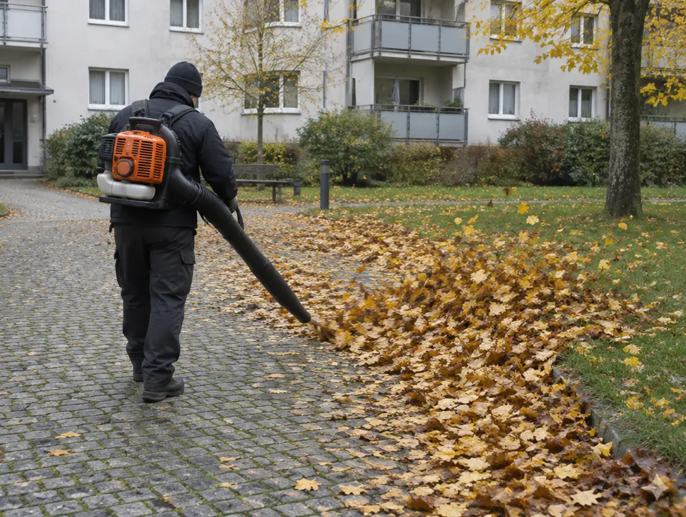Laub wird mit einem Laubbläser von einem gepflasterten Weg vor einem Wohnhaus geblasen