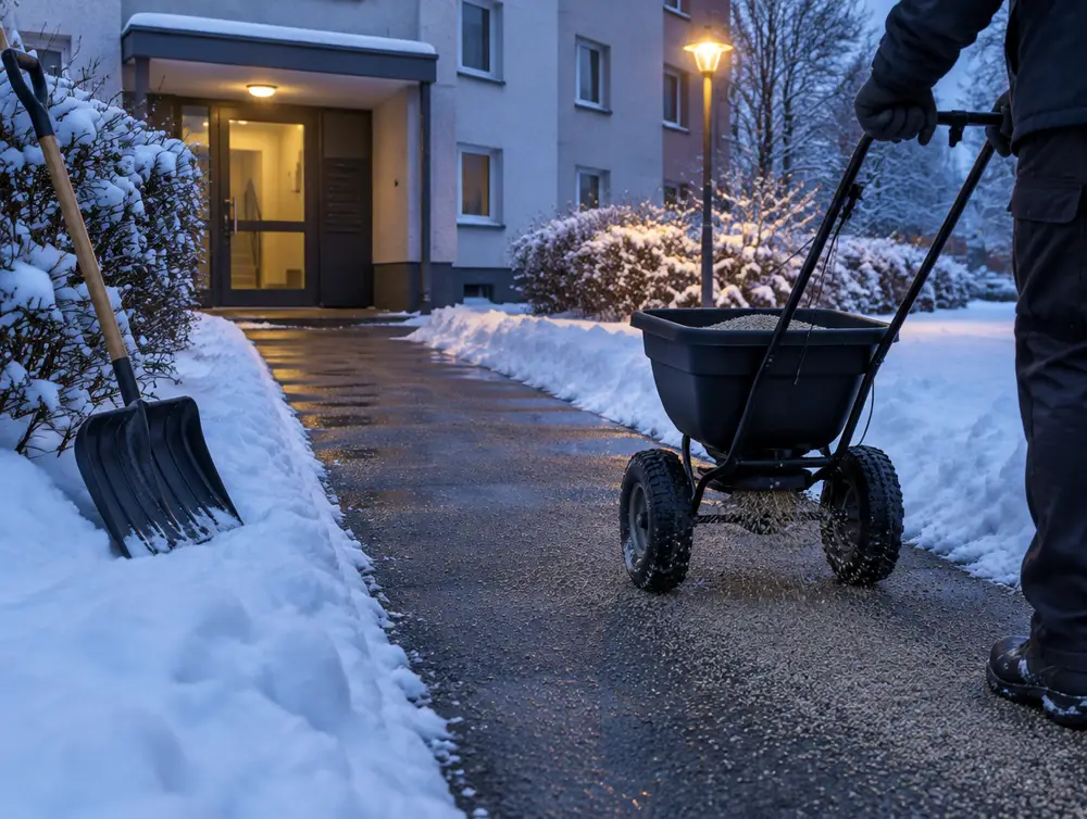 Geräumter und gestreuter Gehweg vor dem Eingang eines Wohnhauses im Winter